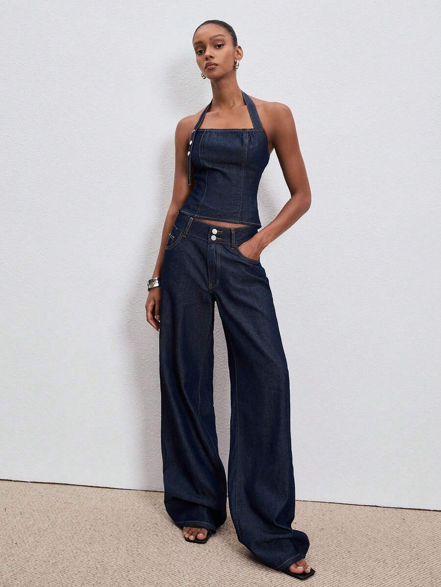 ATUI Studio 女士时尚露背吊带牛仔上衣 - 藏蓝色 - 查看 1