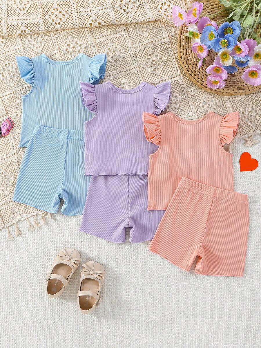 SHEIN 6pcs/Set Baju Bayi Perempuan Atasan Kerah Berkerut Aneka Warna, Lengan Berkerut & Celana Pendek Pinggang Elastis, Pakaian Kasual Musim Panas/Kerja/Musim Semi/Musim Gugur yang Lucu Warna Biru - MultiWarna - View 1