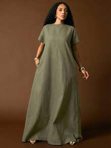 Vixey Cuffed Drop Shoulder Sleeve Deep Open V Neck Back Maxi Denim Dress - Army Green - View 1