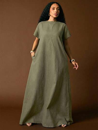 Vixey Cuffed Drop Shoulder Sleeve Deep Open V Neck Back Maxi Denim Dress