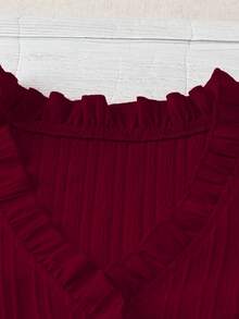 SHEIN LUNE CURVE Blusa francese taglie forti con scollo a V, bordo con volant e maniche a farfalla, romantica & snellente - Rosso - Visualizzare 4