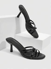 CUCCOO SZL Black PU Criss-Cross Knotted Strap Fashionable Commute Daily Round Toe High Heel Sandals For Women - Black - View 1