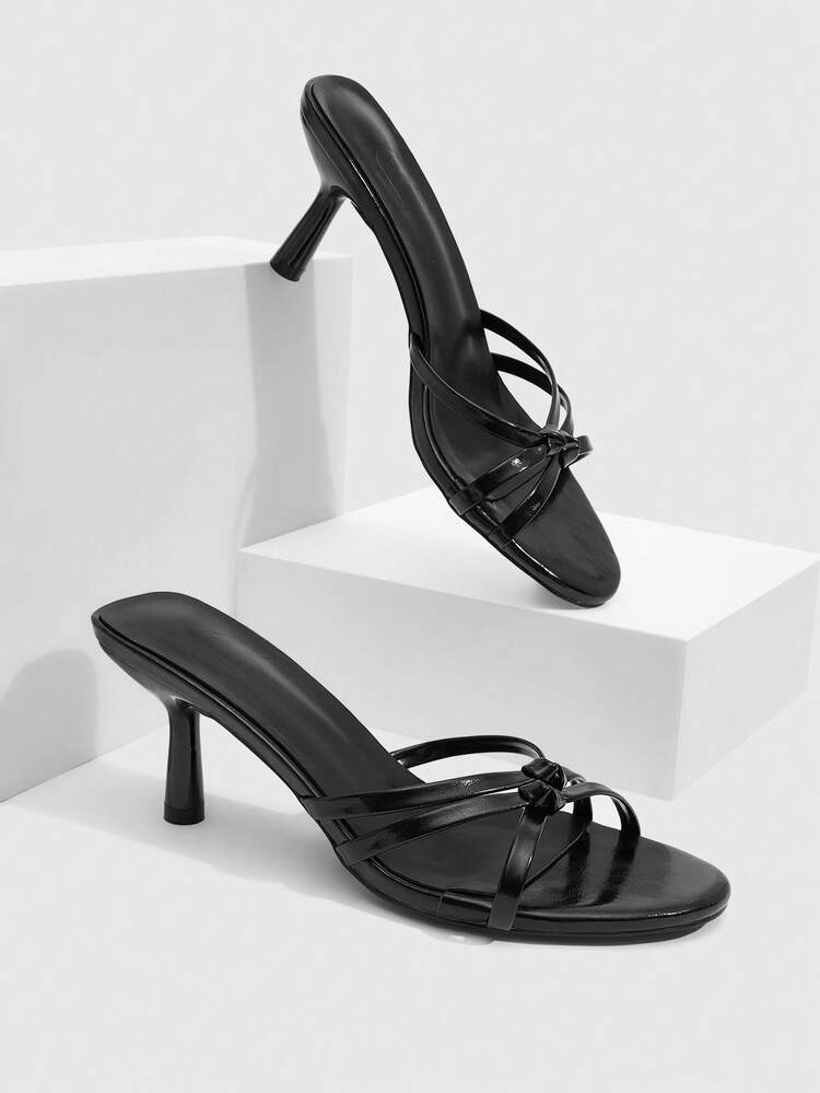 CUCCOO SZL Black PU Criss-Cross Knotted Strap Fashionable Commute Daily Round Toe High Heel Sandals For Women Prom Heels