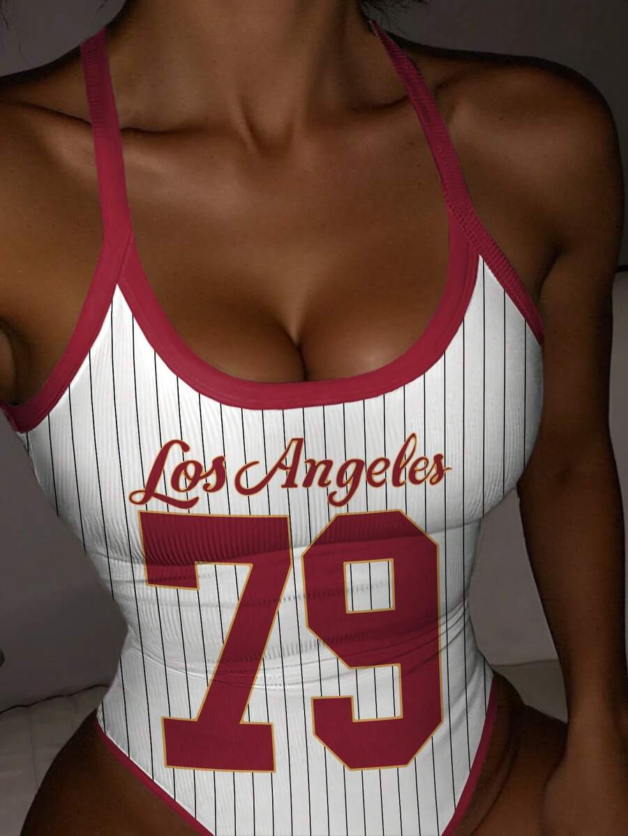 Rovax Women's Letter & Number Print Splicing Camisole, Fitted Versatile Daily Wear - Multicolor - View 1