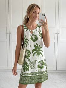 Sylviya Women's Casual Coconut Tree & Butterfly Print Mini Dress, Suitable For Vacation & Daily Wear Summer For Women Summer Dresses, Beach For Women Beach Dresses For Women Vacation Women Vacation Dresses, Beach Vacation For Women Casual Dresses For Women Floral Dresses For Women, Green Dresses For Women Summer Beach Tropical Dress Hawaii Dress Women Summer Casual Dress Palm Tree Dress - Multicolor - View 8