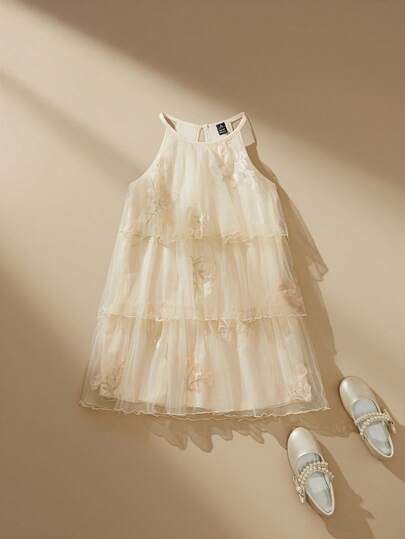 SHEIN Girls' Summer Dress, Girls' Spaghetti Strap Neck Dress, Cake Skirt, Light Peach Base With Floral Print And Embroidery, Delicate And Elegant For Party, Gathering, Banquet, Luxurious Princess, Outdoor Wedding, Flower Girl, Princess Dress