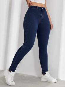 SHEIN FlexDen Jeans casuales de uso diario con bolsillos y botones para mujer - Azul Marino - Ver 3