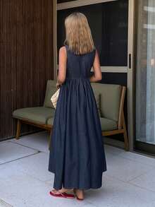 DAZY Women's V-Neck Sleeveless Tie-Up Butterfly Applique Casual Long Denim Dress Summer - Dark Wash - View 5