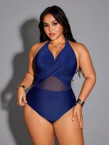 Shapewave 2026新款加大码显瘦交叉绑带钢圈加厚高腰性感透视连体泳衣，女士沙滩度假加大码泳装，女士收腹泳衣，加大码泳衣，曲线身材泳装，沙滩装 - 藍色 - 查看 3