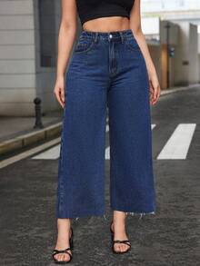 SHEIN ICON Quần jean ống rộng cạp cao thời trang cá nhân hóa mùa đông cỡ lớn cho nữ - Rửa tối - Xem 9