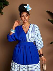 Maweii 大码女式休闲条纹撞色拼接连衣裙，百搭多层荷叶边收腰设计，七分袖，优雅度假风，适合日常、工作、通勤穿着。 - 彩色 - 查看 5