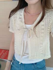 FRIFUL Áo khoác ren xuyên thấu cổ chữ V dành cho nữ - trắng - Xem 5