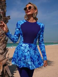 Swim Mulvari 新款夏季女士圆领长袖收腰纯色拼接蓝色花卉印花连衣裙和裤子休闲度假比基尼套装 - 藍色 - 查看 3