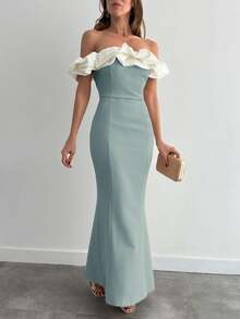EURMUSE Two Tones Off Shoulder Ruffle Trim Bodycon Dress, Elegant Dress - Mint Green - View 3