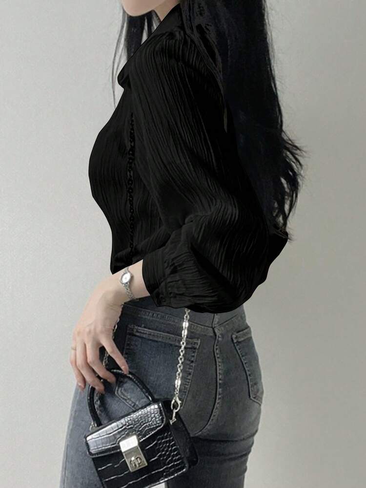Women's Turndown Collar Textured Loose Open Front Black Casual Long Sleeve Shirt