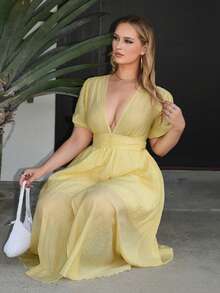 Roveilla Spring/Summer New Gentle Style Yellow Simple Versatile High-End Elegant Cinched Waist Petal Sleeve Dress - Yellow - View 5