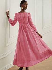 Aveloria Rosie 新款法式浪漫复古茶会连衣裙，宽松修身设计，优雅露肩褶皱薄纱亚麻质感面料，泡泡袖，纯色夏季女装 - 粉色 - 查看 7