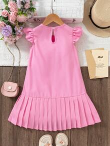 Elladie kids 1件女童夏季新款圆领A字荷叶袖褶裥前摆蝴蝶结后背钥匙孔休闲复古连衣裙，红色 - 粉色 - 查看 2