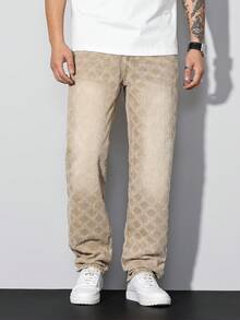 Manfinity Homme Men's Khaki Diamond Crochet Denim Jeans, Casual Straight Leg Pants - Khaki - View 5