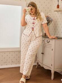CottageSlumber Set pigiama da donna a 2 pezzi con stampa a cuori, top a maniche corte con fiocco e pantaloni a gamba ampia - Bianco - Visualizzare 5