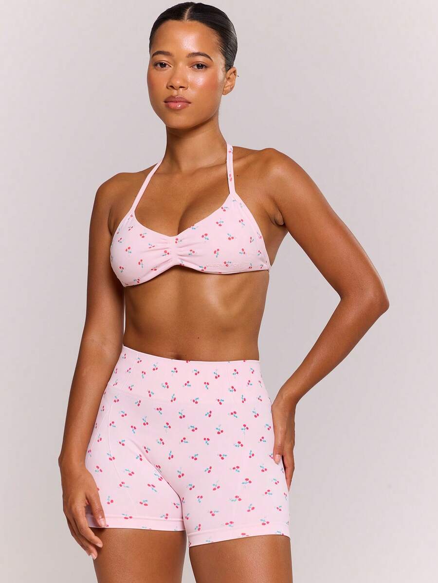 Musera Sport Cherry Print Scrunch Sports Bra Only Active Workout Gym Cute Pilates Fitness Dailly - Pink - View 1