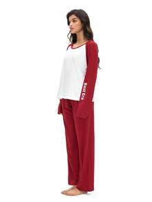Women's Pajama Set, The Top Features Raglan Sleeves, The Main Body Is In White, The Shoulders And Sleeves Are In Burgundy, With "Rest Era" Printed In White On The Arms; The Bottom Is A Solid Burgundy Long Pant. The Overall Design Combines Contrasting Colors And Text Elements, With A Minimalist Style And A Branded Feel. - Burgundy - View 4