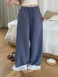 DAZY Lace Patchwork Floral Pattern Loose Straight Pajama Pants, Spring & Summer Women Sleepwear Bottom - Navy Blue - View 4