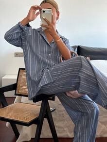 DAZY Women's Striped Loose Shirt And Pants Two Pieces Set, Casual Vacation Style - Blue - View 2