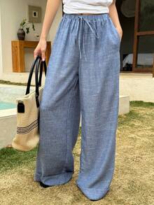 DAZY Quần ống rộng nữ cạp chun, có dây rút, kiểu dáng thường ngày, thích hợp mặc đi phố. - Iron Gray - Xem 5