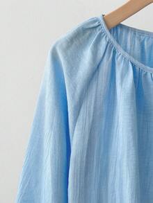 GlowEve Camisa holgada casual de mujer con cuello redondo, abotonadura sencilla, mangas abullonadas y textura plisada con bordado - Azul - Ver 5