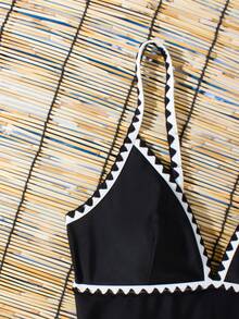 Swim Chiccia 1 bộ đồ bơi liền thân dành cho nữ, màu đen trắng, chất liệu vải có họa tiết, thích hợp cho kỳ nghỉ, tiệc tùng, đi biển. - Đen và trắng - Xem 6