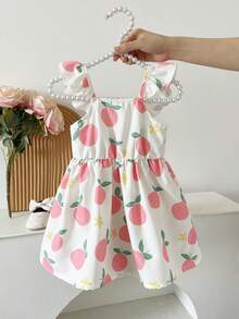 SHEIN Playful Pals 1件女婴舒适休闲常规厚度可爱水果印花方领荷叶袖基本款撞色可爱3D蝴蝶百搭简约优雅连衣裙，适合夏季郊游、上学、旅行、度假和日常穿着 - 彩色 - 查看 4