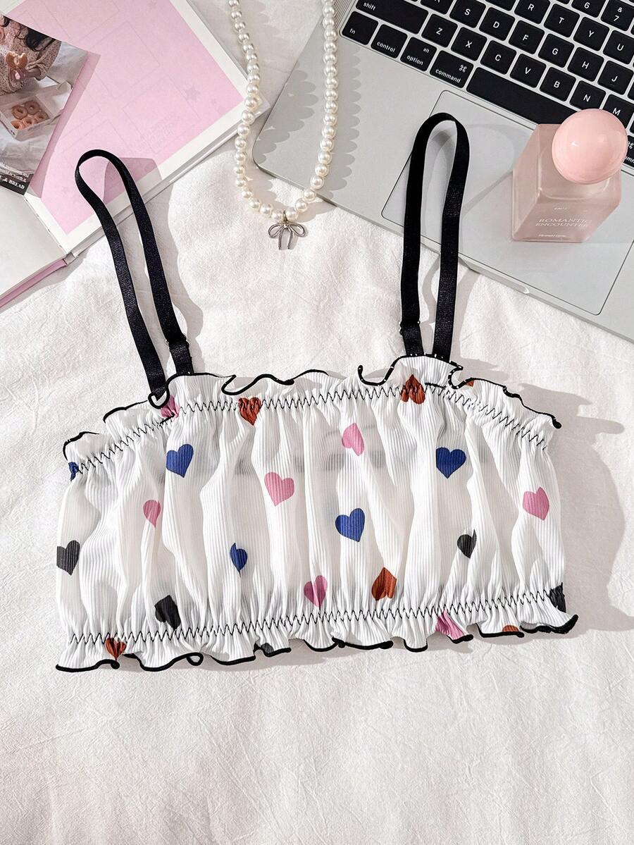 1pc Ribbed Heart Print Ruffle Trim Ladies' Wireless Bra - Multicolor - View 1
