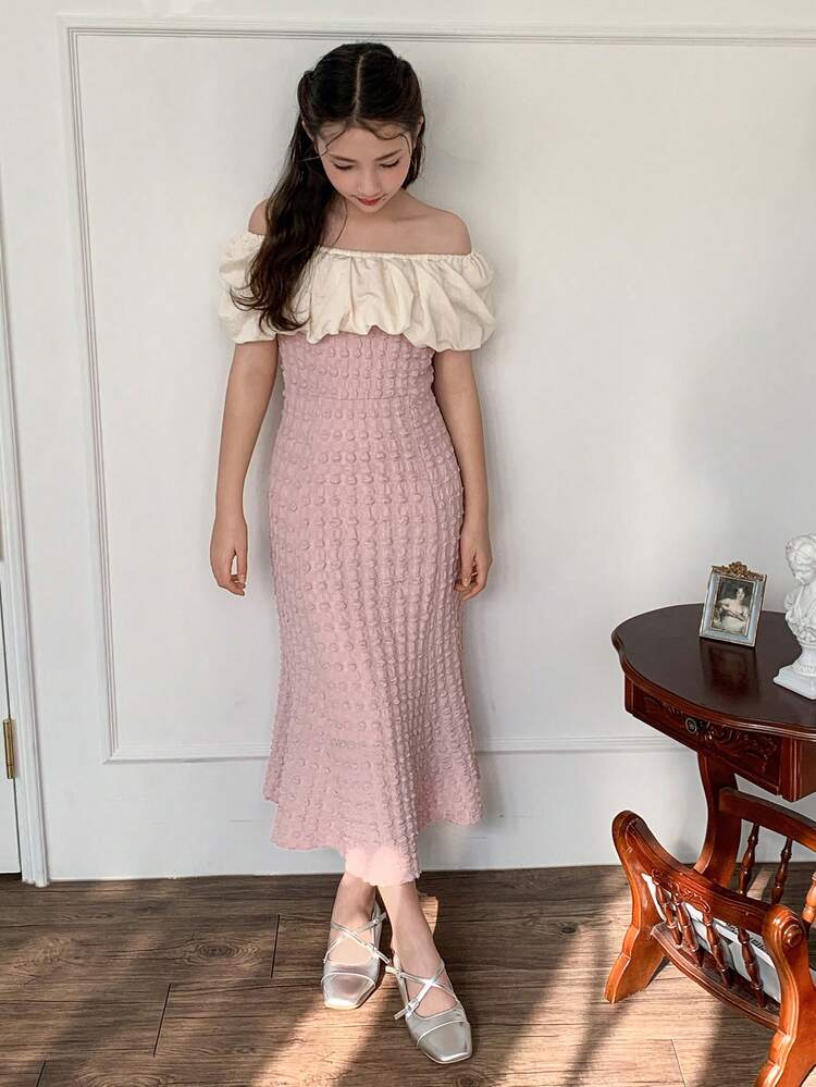 Tween Girl Colorblock Ruffle Collar Fishtail Hem Elegant Dress