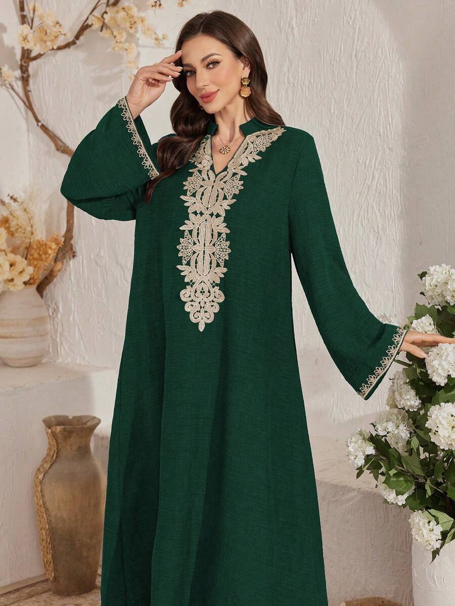 Al Najma Women's V-Neck Applique Casual Loose Party & Outing Dress - Dark Green - View 1