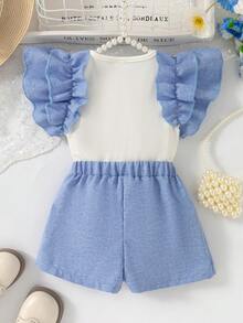 Conjunto casual de verano de 2 piezas para niñas pequeñas con parte superior sin mangas acanalada con volantes de perlas y falda pantalón con lazo de unicolor - Blanco - Ver 2