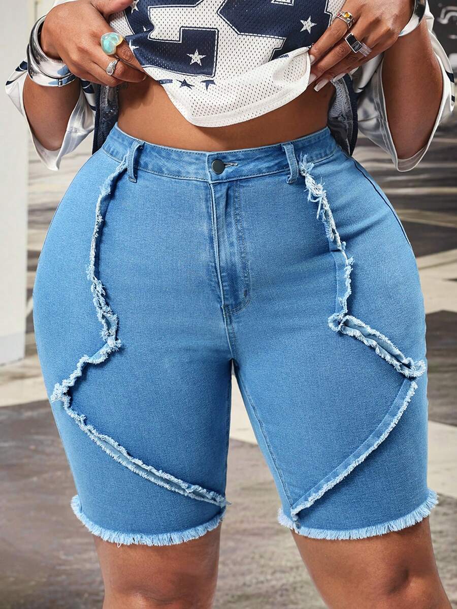 Slaydiva 拼接毛边七分牛仔裤 女式牛仔短裤 大码 春夏 - 淺色水洗藍 - 查看 1