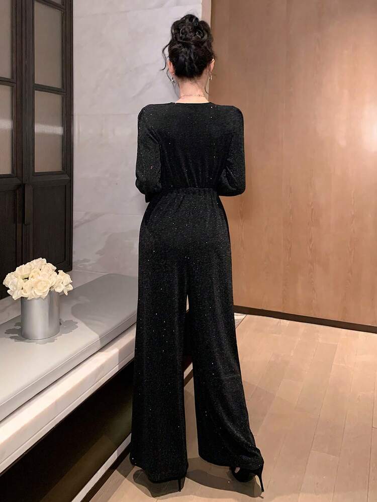 Spring & Summer Black Shiny Sequin Elegant Shirt Style Jumpsuit, Loose Casual Flare Sleeve Long Sleeve Romper Suitable For Valentine's Day, Wedding, Party, Formal Occasion