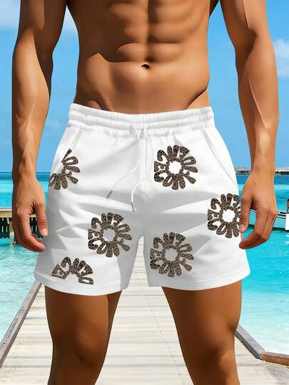 Manfinity Dauomo Men's Elastic Waist Drawstring Casual Leopard Floral Print Versatile Shorts