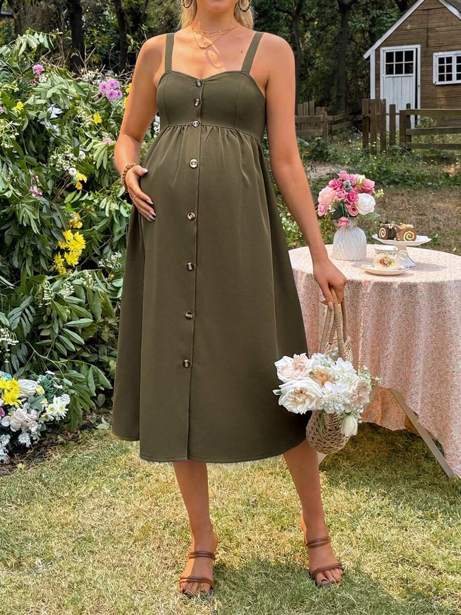SHEIN Maternity Summer Casual Vacation Solid Color Single-Breasted Cami Dress - Army Green - View 1
