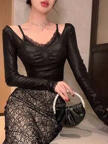 DAZY 春夏无袖亮面缎面蕾丝镂空露脐上衣，黑色，适合情人节、婚礼、派对、正式场合，时尚修身，优雅轻薄，女士长袖上衣 - 黑色 - 查看 10
