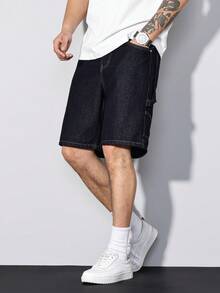 Manfinity Homme Men's Summer Navy Blue Casual Wide Leg Denim Shorts - Dark Wash - View 7