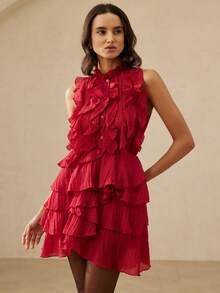 Aveloria Rosie Đầm ngắn không tay cổ tròn, xếp ly, chất liệu vải nhẹ, thanh lịch kiểu Pháp dành cho phụ nữ. - Đỏ - Xem 1