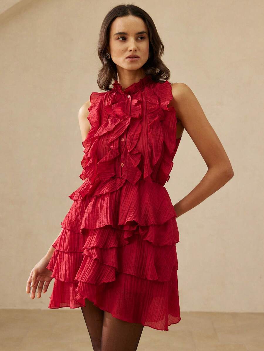 Aveloria Rosie Đầm ngắn không tay cổ tròn, xếp ly, chất liệu vải nhẹ, thanh lịch kiểu Pháp dành cho phụ nữ. - Đỏ - Xem 1