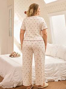 CottageSlumber Set pigiama da donna a 2 pezzi con stampa a cuori, top a maniche corte con fiocco e pantaloni a gamba ampia - Bianco - Visualizzare 2