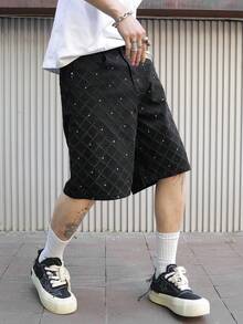 Manfinity Hypemode Men's Black Rhinestone Embroidered Loose Wide Leg Denim Shorts Streetwear Men Shorts Men's Diamond Shorts - Black - View 8