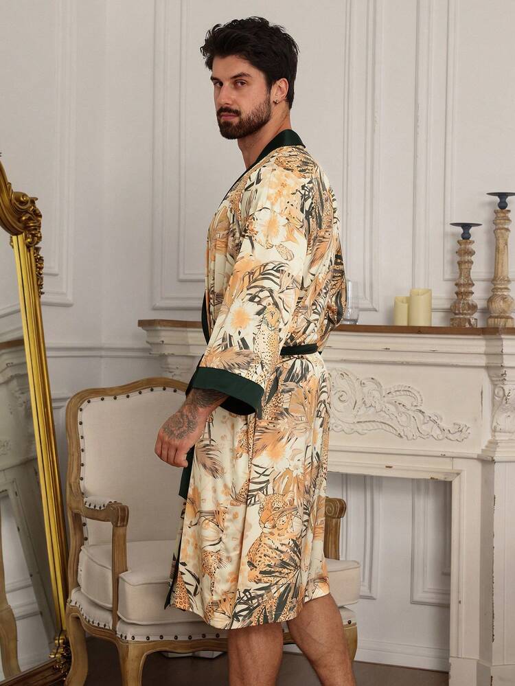 Long Waist Cord Design Floral Print Men's Robe, Spring/Summer