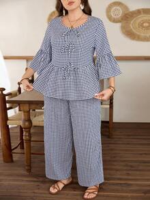 Lacomfia Random Floral Plaid Bow Decor 3/4 Sleeve Elegant Fashionable Blouse Paired With Straight Leg Pants, Slim Fit Sexy Plus Size Women 2 Piece Set - Blue and White - View 5