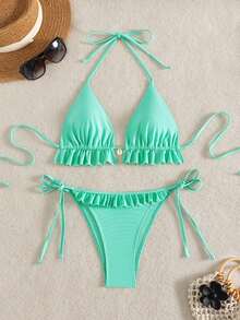 Swim Mod Đồ bơi nữ, đồ bơi mùa hè cho nữ, màu trơn, viền bèo nhún, cổ yếm buộc dây, bộ bikini hai mảnh. - Màu xanh lam - Xem 3