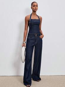 ATUI Studio Women's Fashionable Halter Backless Denim Top - Navy Blue - View 3